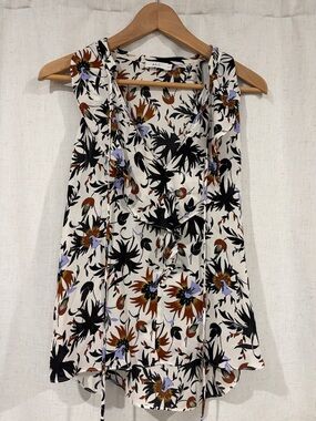 A.L.C. Cream Floral Ruffle Tie-Neck Sleeveless Top